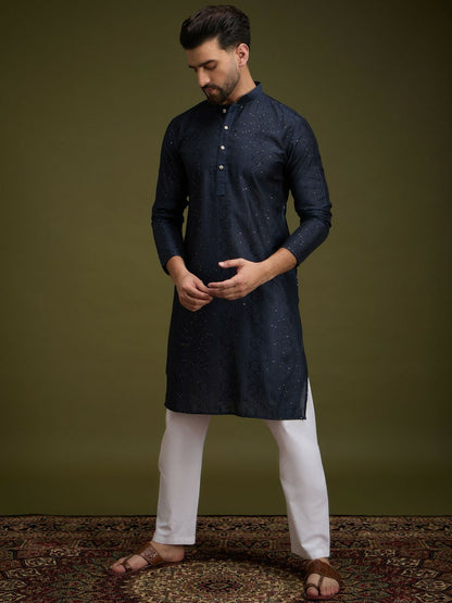 Blue & Gold Geometric Embroidered Cotton Kurta with Mandarin Collar