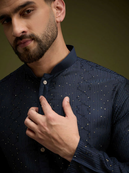 Blue & Gold Geometric Embroidered Cotton Kurta with Mandarin Collar