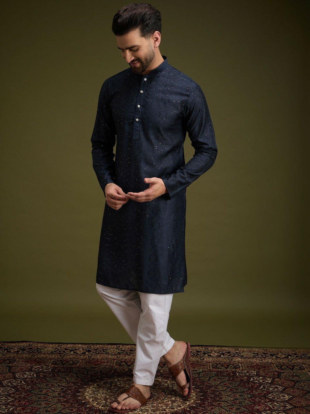 Blue & Gold Geometric Embroidered Cotton Kurta with Mandarin Collar