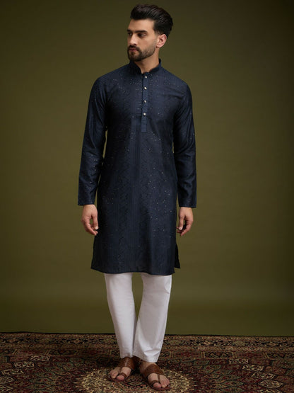 Blue & Gold Geometric Embroidered Cotton Kurta with Mandarin Collar