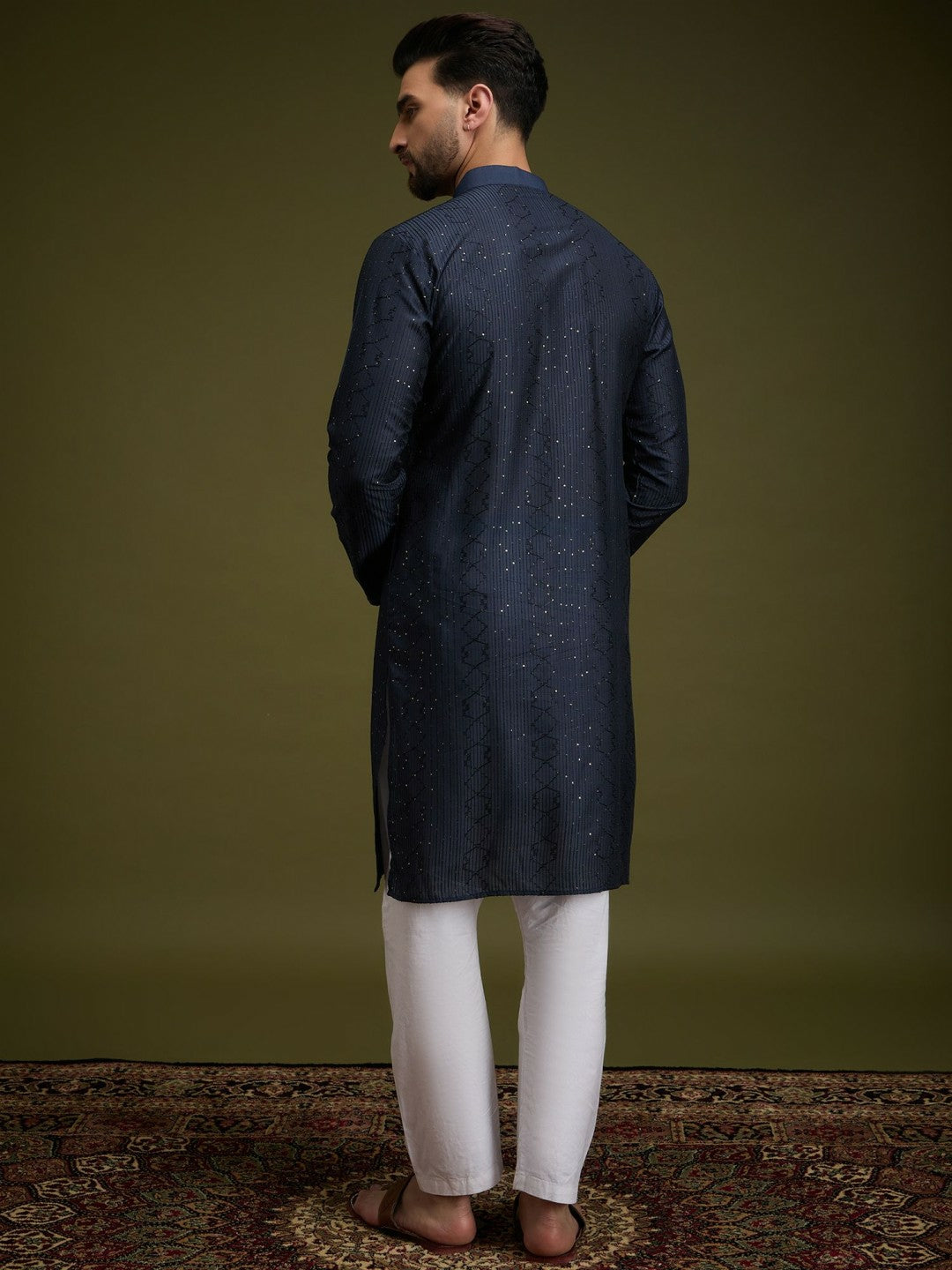 Blue & Gold Geometric Embroidered Cotton Kurta with Mandarin Collar