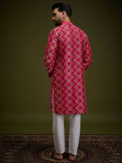 Men’s Red Chevron Embroidered Cotton Kurta with Gotta Patti