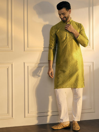 Mustard Green & Gold Geometric Embroidered Cotton Kurta with Sequins