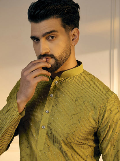 Mustard Green & Gold Geometric Embroidered Cotton Kurta with Sequins