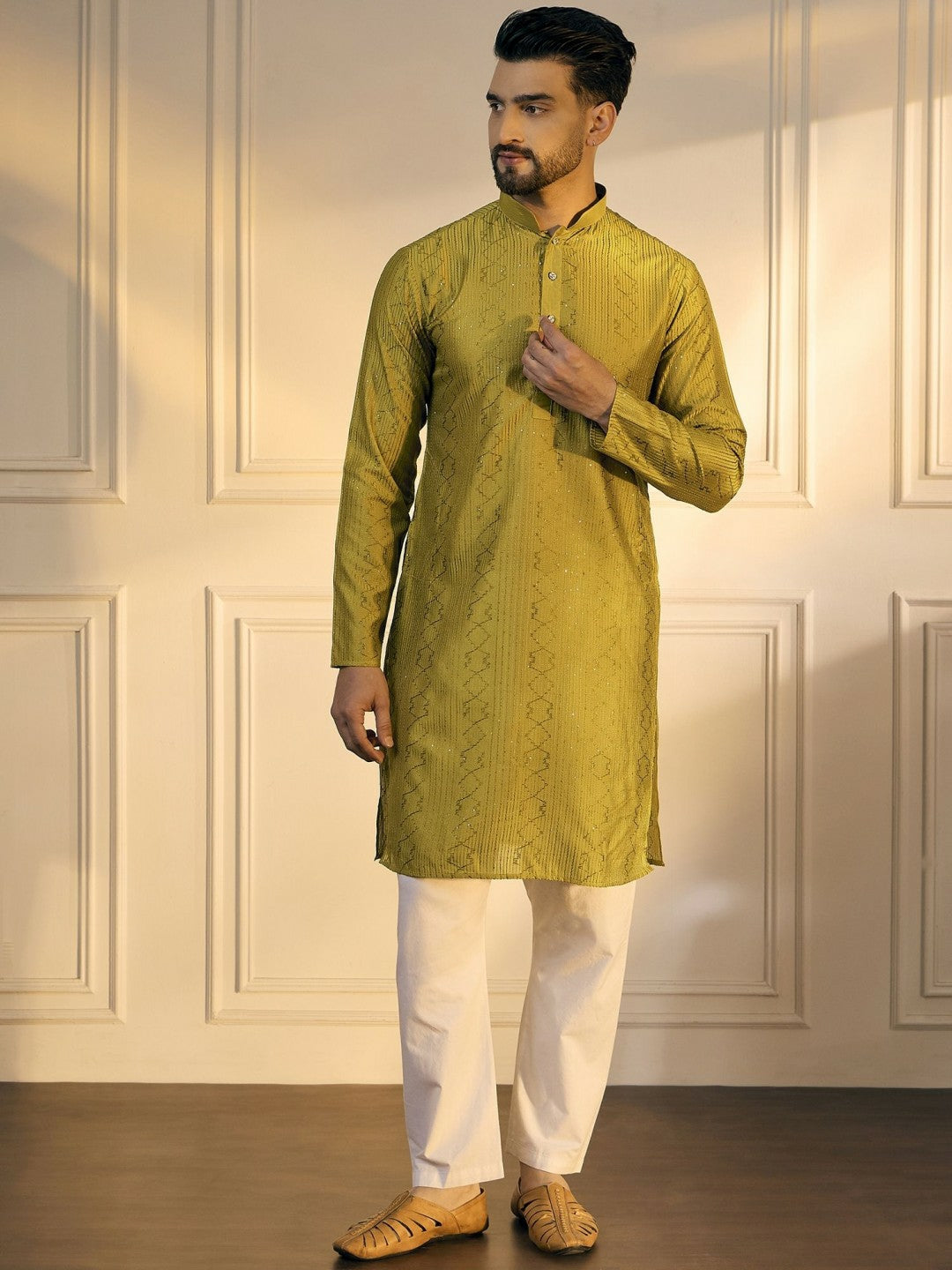 Mustard Green & Gold Geometric Embroidered Cotton Kurta with Sequins
