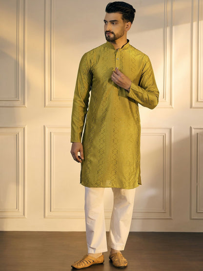 Mustard Green & Gold Geometric Embroidered Cotton Kurta with Sequins