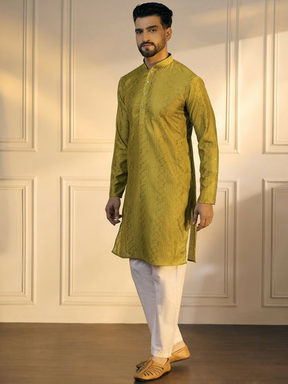 Mustard Green & Gold Geometric Embroidered Cotton Kurta with Sequins