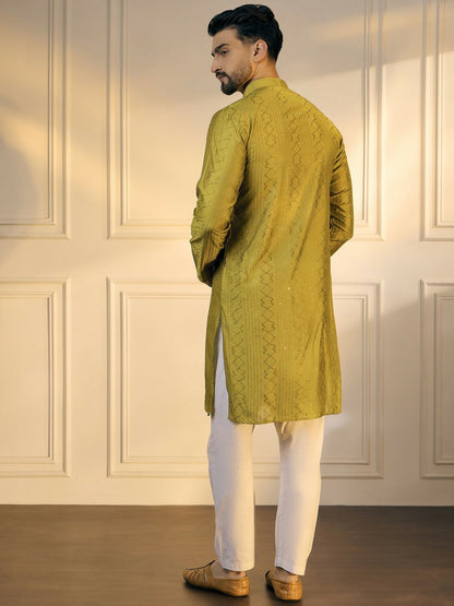 Mustard Green & Gold Geometric Embroidered Cotton Kurta with Sequins