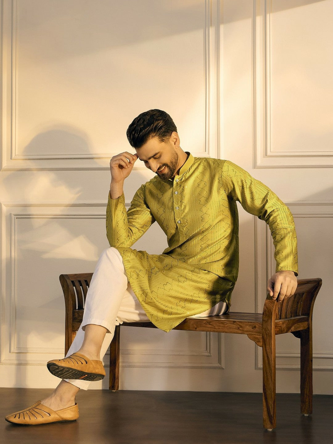 Mustard Green & Gold Geometric Embroidered Cotton Kurta with Sequins