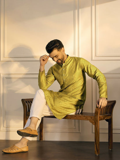 Mustard Green & Gold Geometric Embroidered Cotton Kurta with Sequins