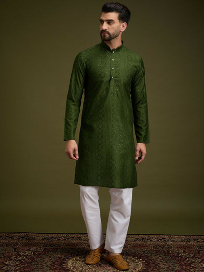 Green Geometric Embroidered Cotton Kurta with Sequin Detailing