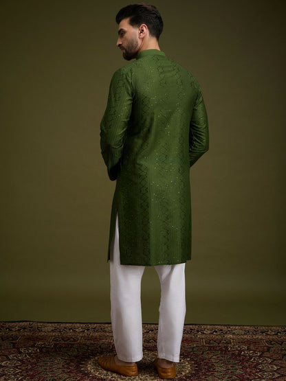 Green Geometric Embroidered Cotton Kurta with Sequin Detailing