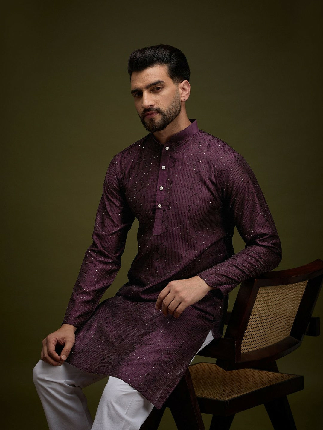 Purple Embroidered Silk Kurta with Zari Detailing for Men