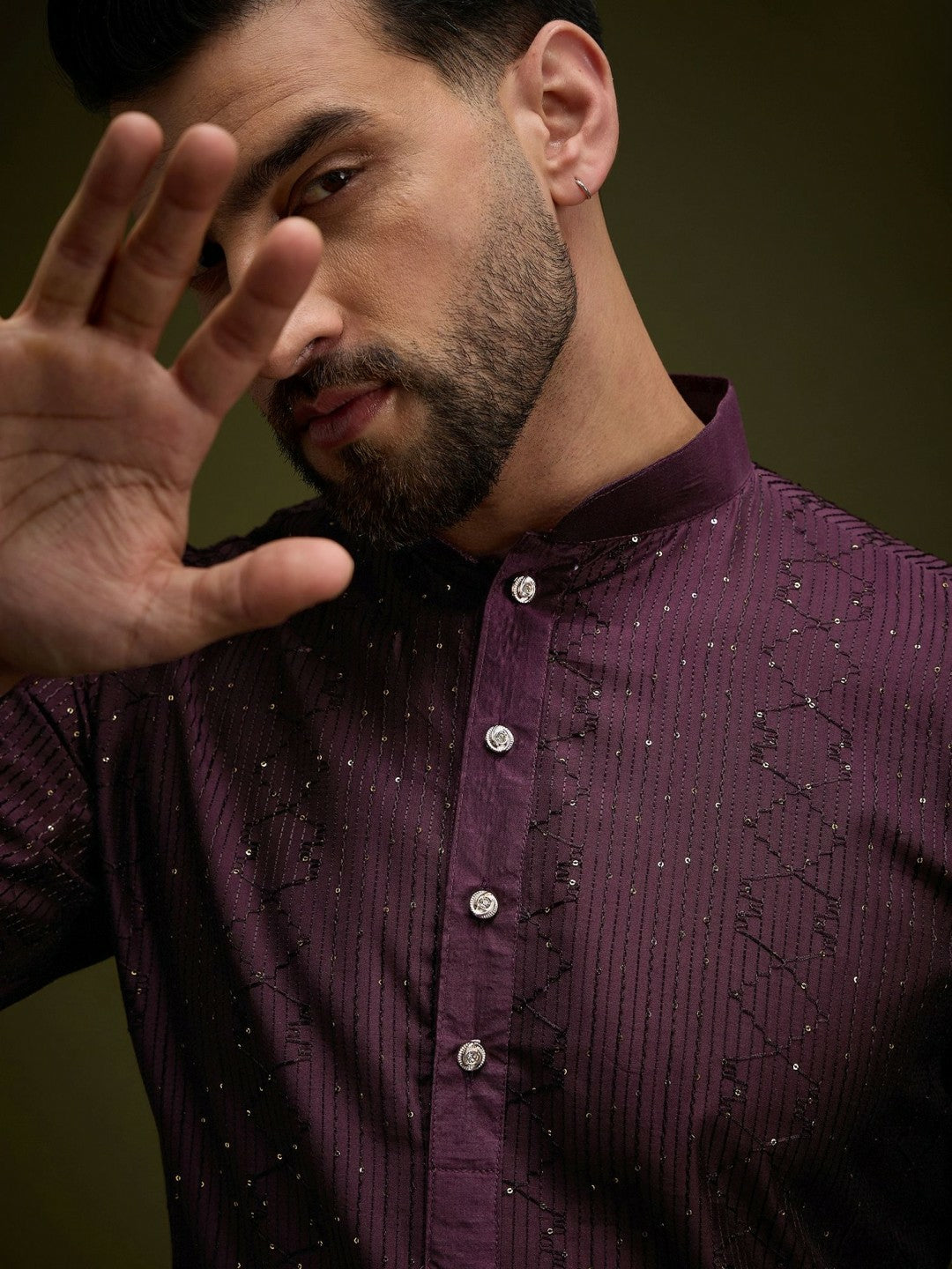 Purple Embroidered Silk Kurta with Zari Detailing for Men