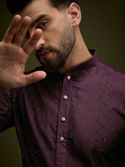 Purple Embroidered Silk Kurta with Zari Detailing for Men