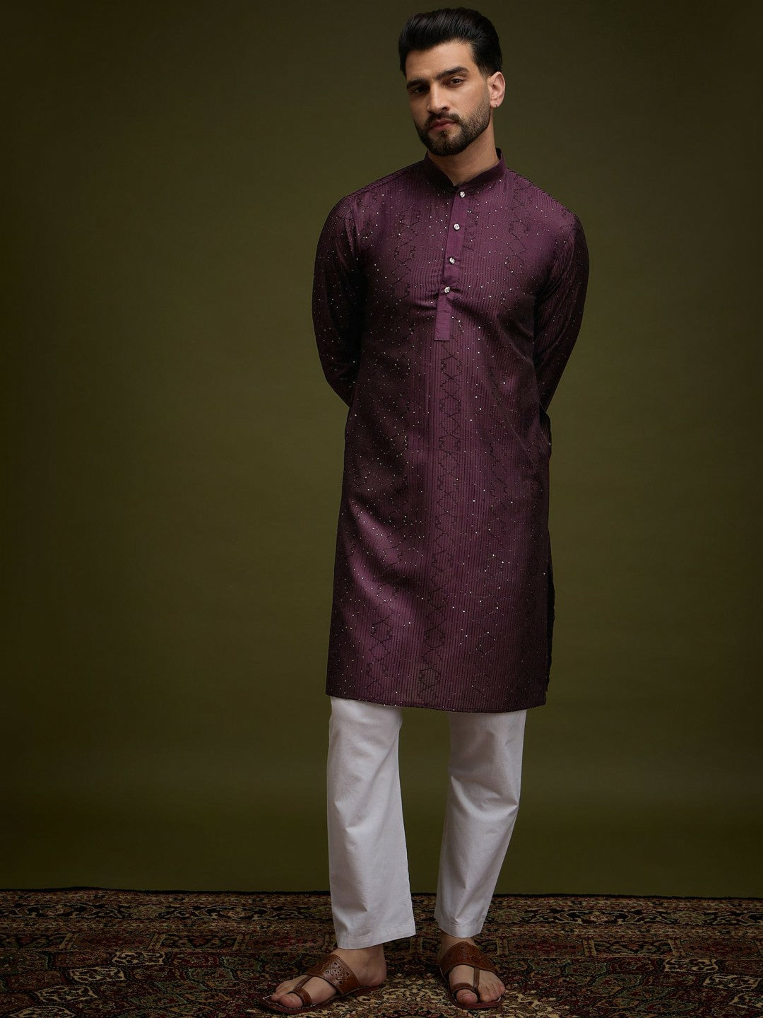 Purple Embroidered Silk Kurta with Zari Detailing for Men