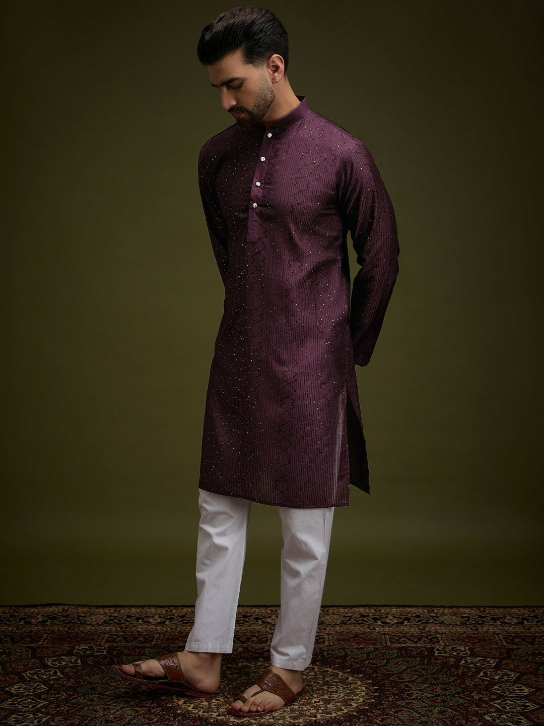 Purple Embroidered Silk Kurta with Zari Detailing for Men