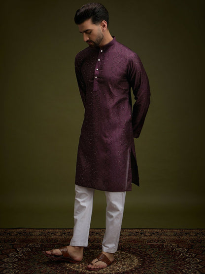 Purple Embroidered Silk Kurta with Zari Detailing for Men