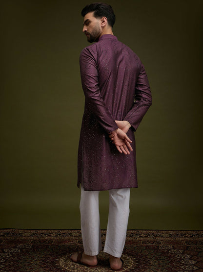 Purple Embroidered Silk Kurta with Zari Detailing for Men