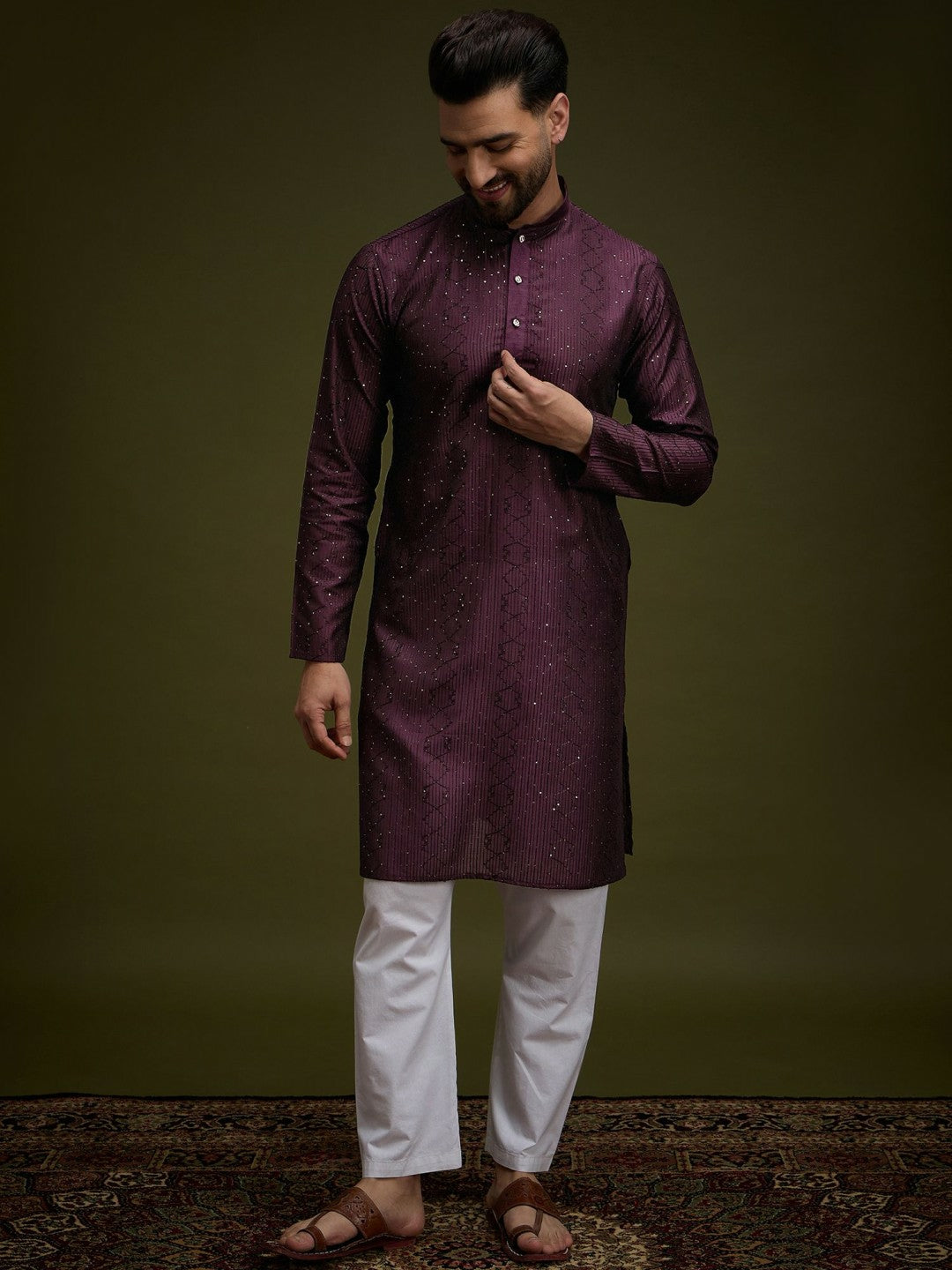 Purple Embroidered Silk Kurta with Zari Detailing for Men