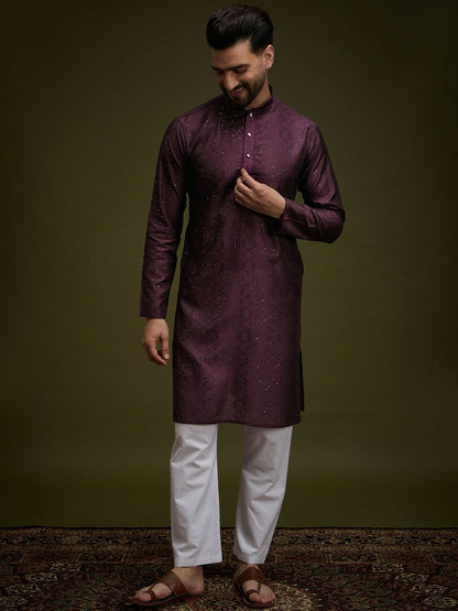 Purple Embroidered Silk Kurta with Zari Detailing for Men