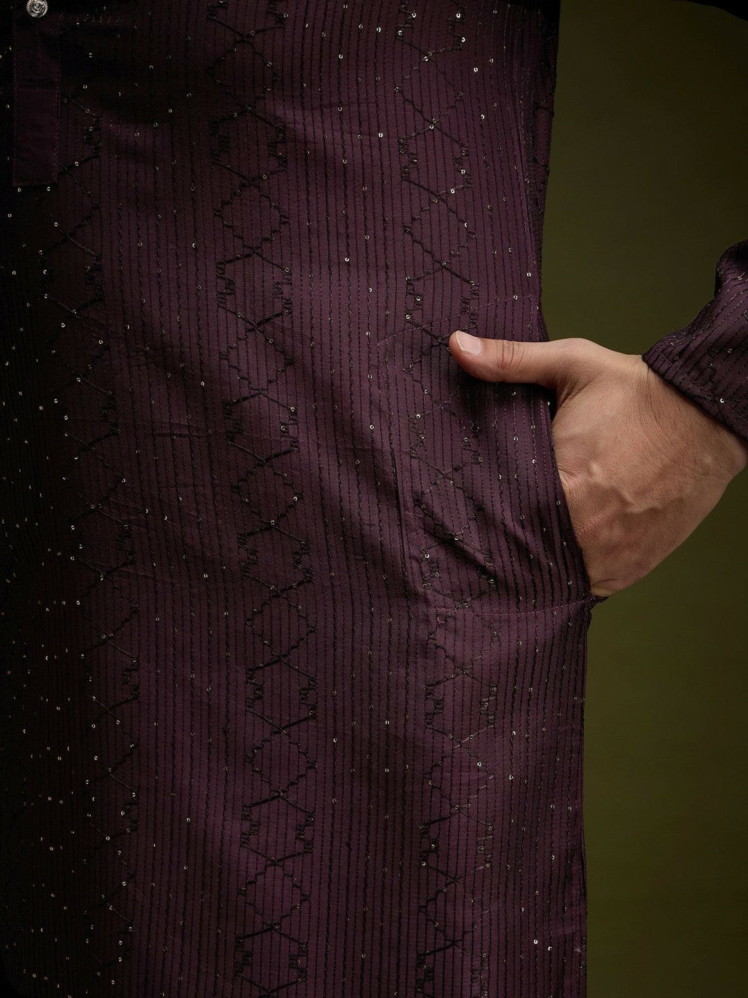 Purple Embroidered Silk Kurta with Zari Detailing for Men