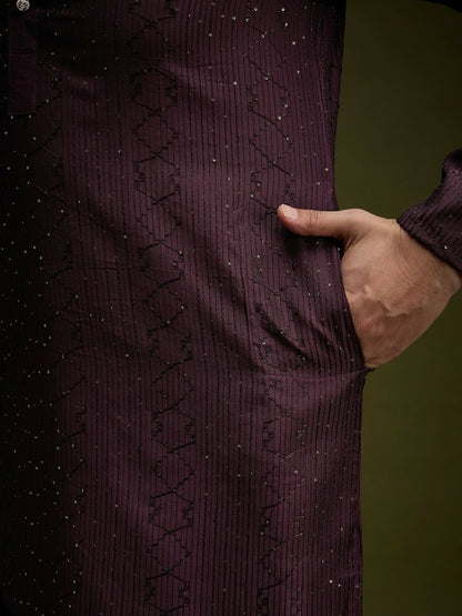 Purple Embroidered Silk Kurta with Zari Detailing for Men
