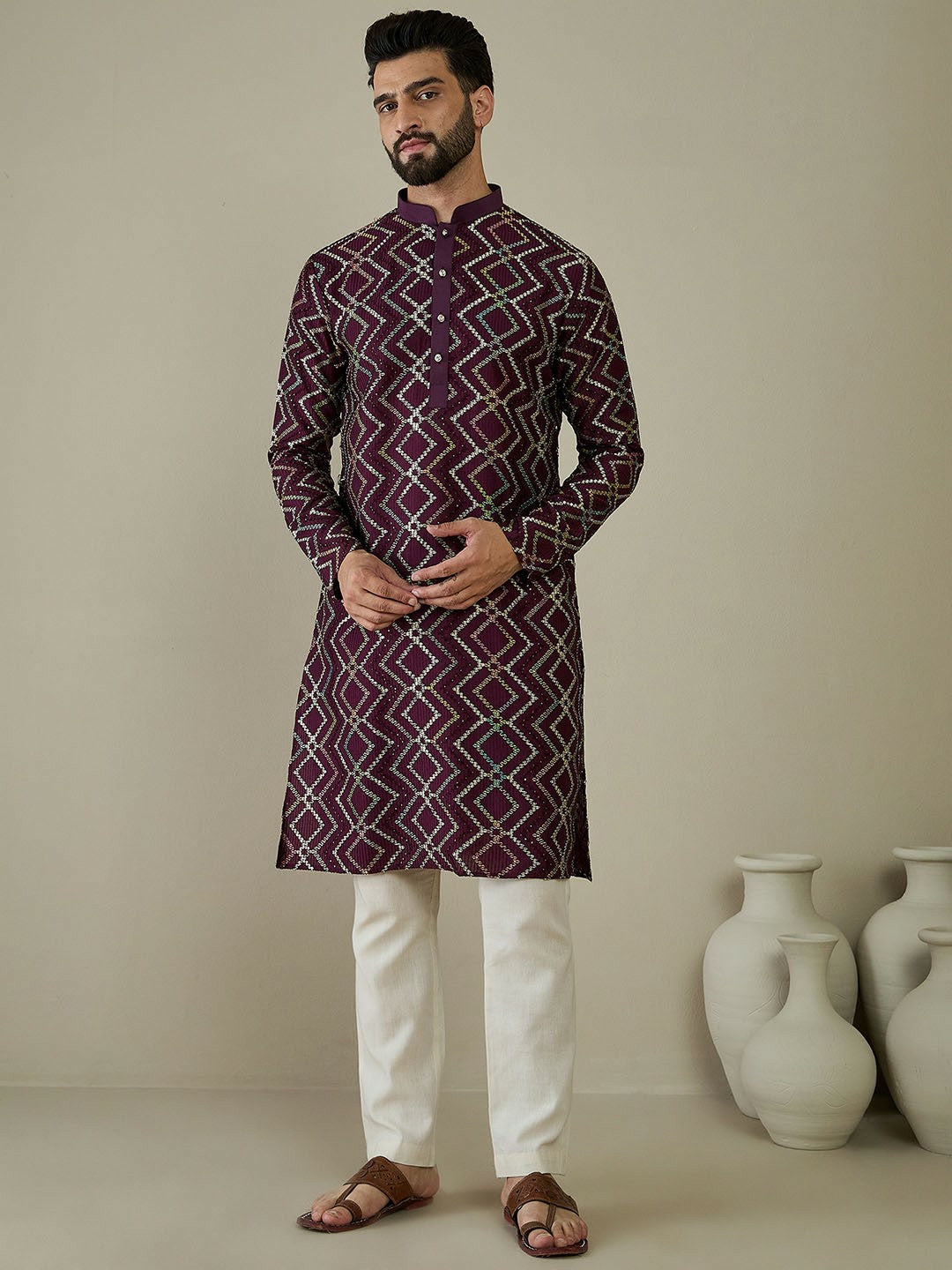 Men’s Magenta Ethnic Motif Embroidered Kurta with Thread Work