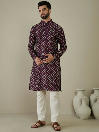 Men’s Magenta Ethnic Motif Embroidered Kurta with Thread Work