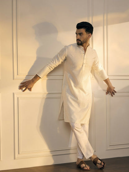 White & Gold Geometric Embroidered Silk Kurta with Sequins for Men