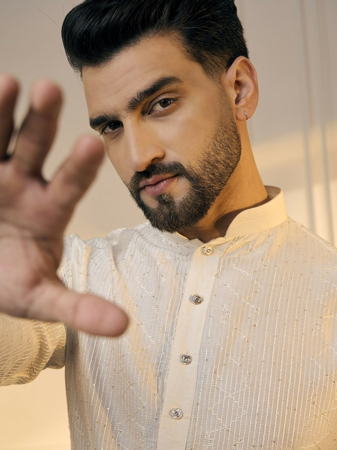 White & Gold Geometric Embroidered Silk Kurta with Sequins for Men