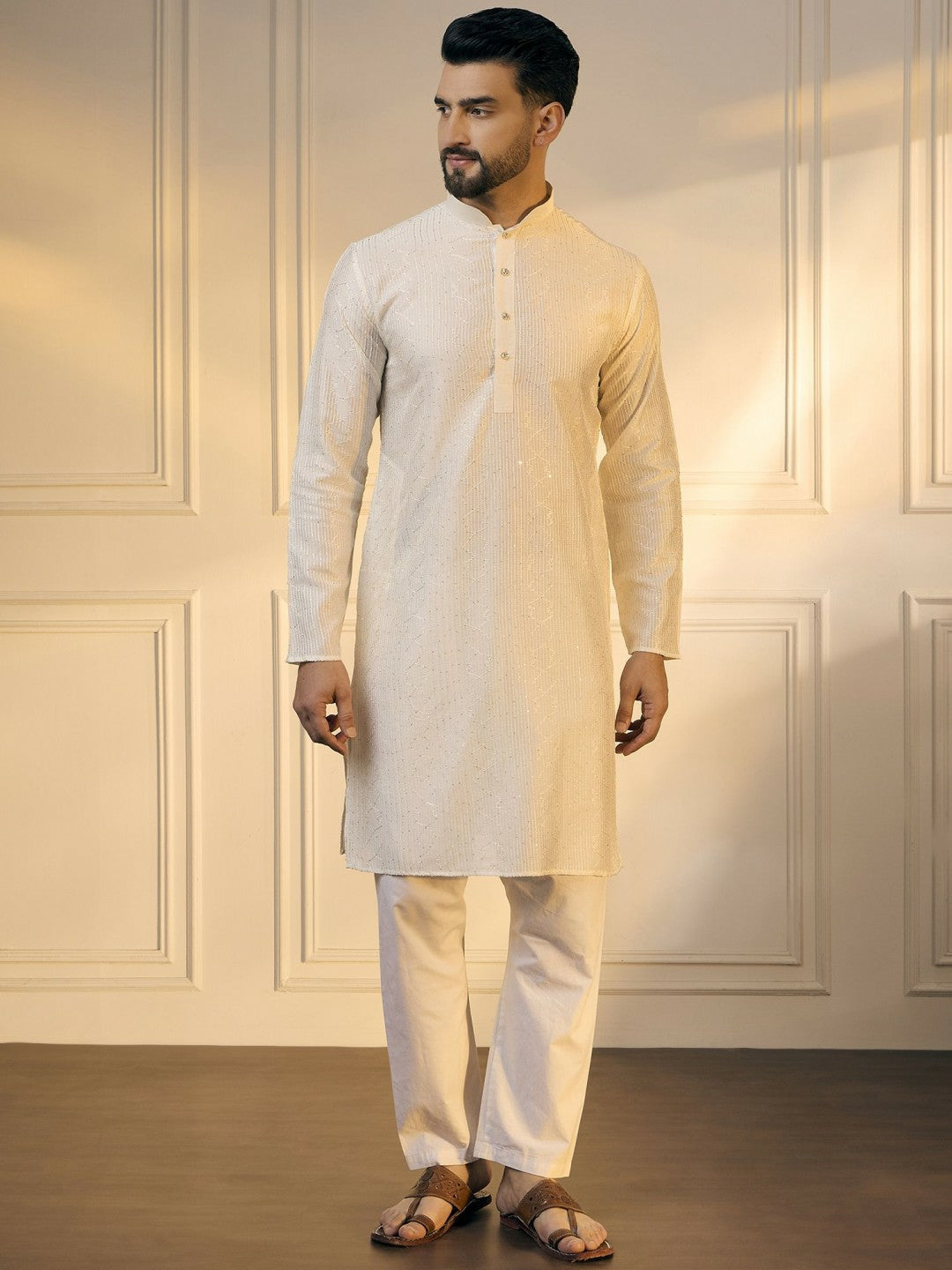 White & Gold Geometric Embroidered Silk Kurta with Sequins for Men