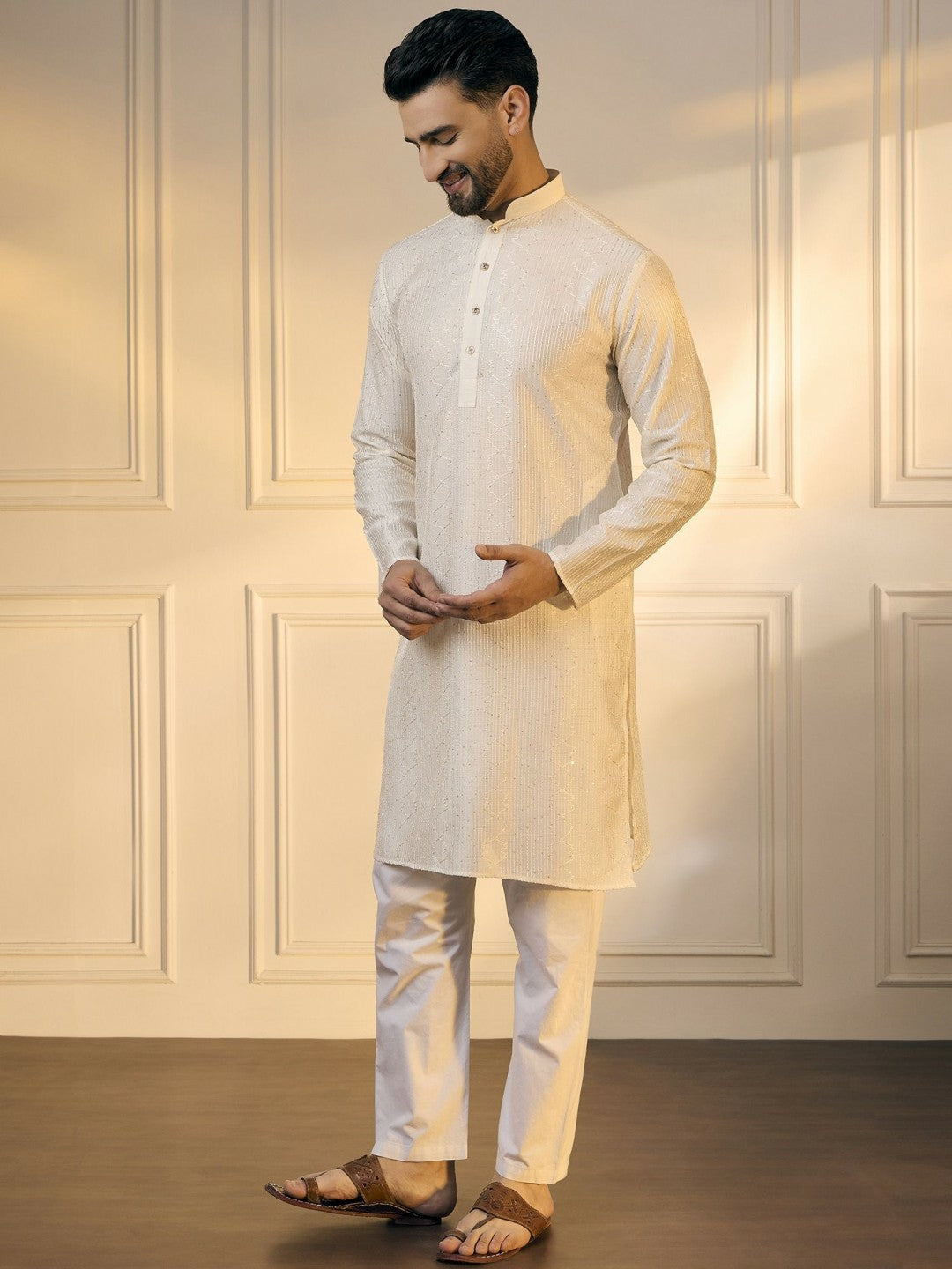White & Gold Geometric Embroidered Silk Kurta with Sequins for Men
