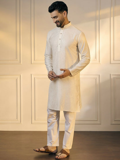 White & Gold Geometric Embroidered Silk Kurta with Sequins for Men