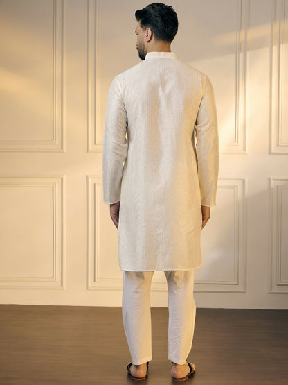 White & Gold Geometric Embroidered Silk Kurta with Sequins for Men