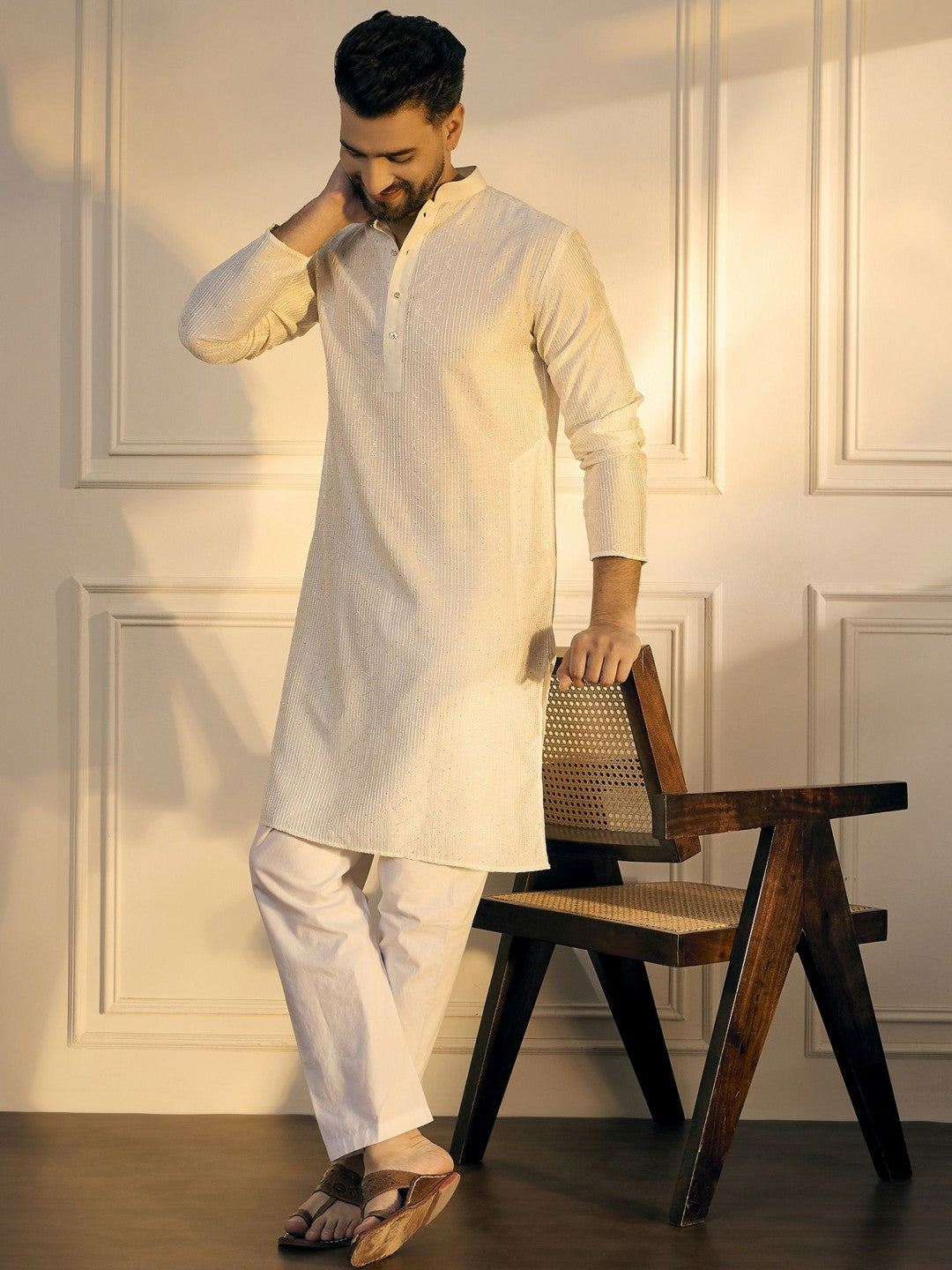 White & Gold Geometric Embroidered Silk Kurta with Sequins for Men