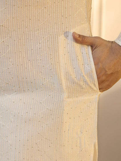 White & Gold Geometric Embroidered Silk Kurta with Sequins for Men