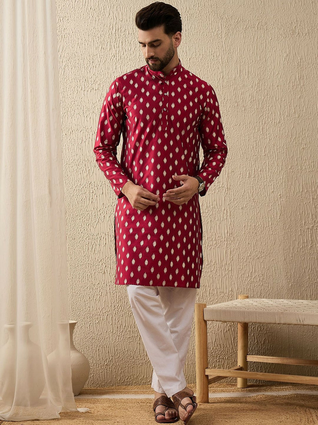 Red & White Abstract Woven Polyester Kurta for Men