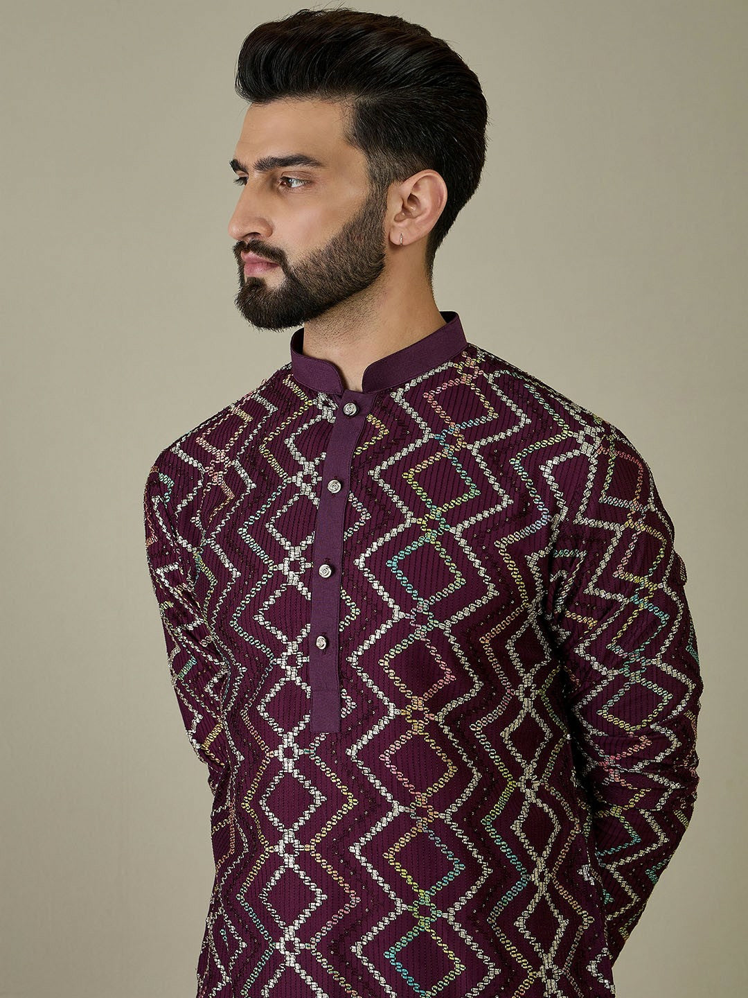 Men’s Magenta Ethnic Motif Embroidered Kurta with Thread Work