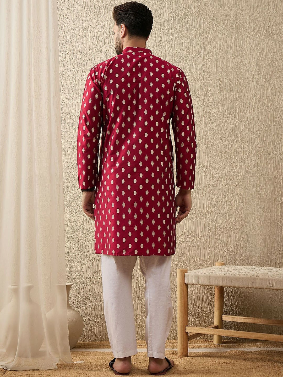 Red & White Abstract Woven Polyester Kurta for Men