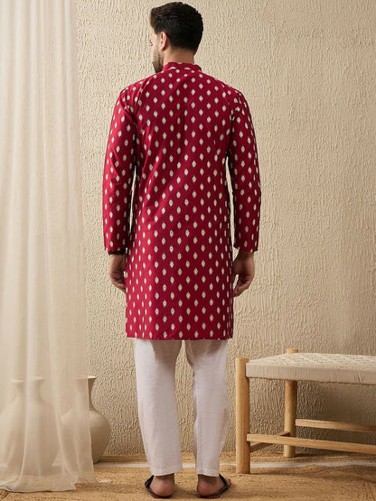 Red & White Abstract Woven Polyester Kurta for Men