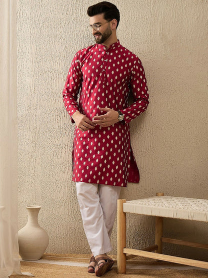 Red & White Abstract Woven Polyester Kurta for Men