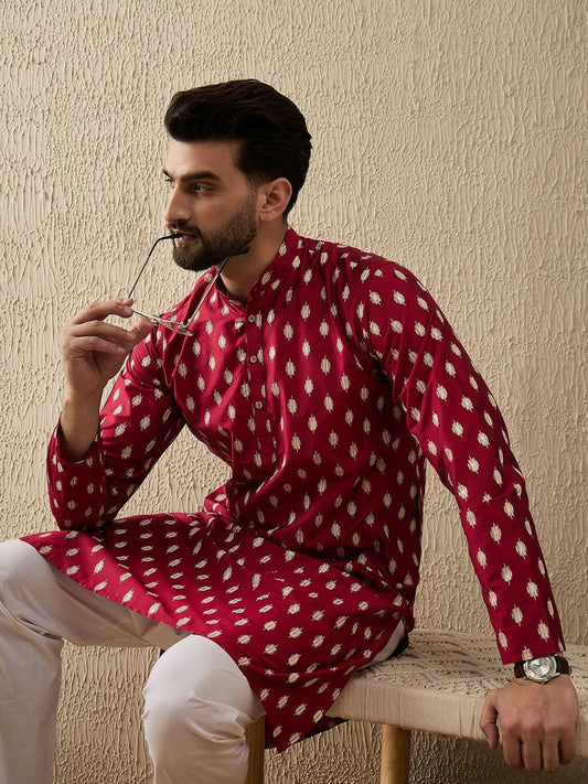Red & White Abstract Woven Polyester Kurta for Men