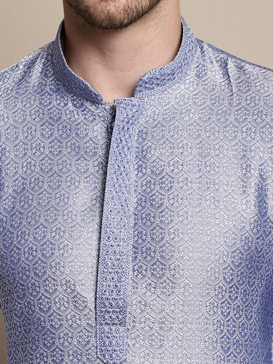 Blue Floral Woven Cotton Silk Kurta for Men with Thread Work