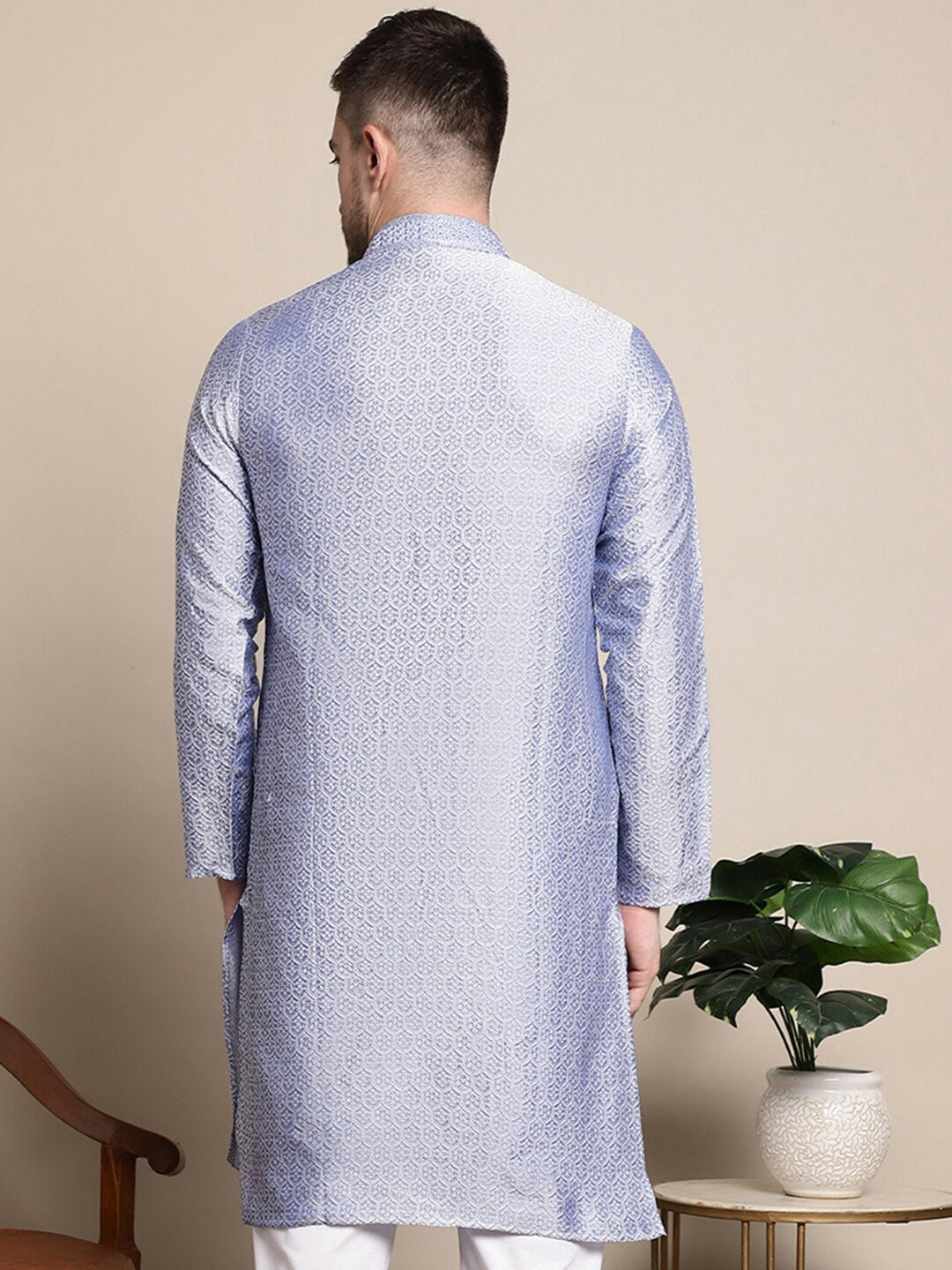 Blue Floral Woven Cotton Silk Kurta for Men with Thread Work
