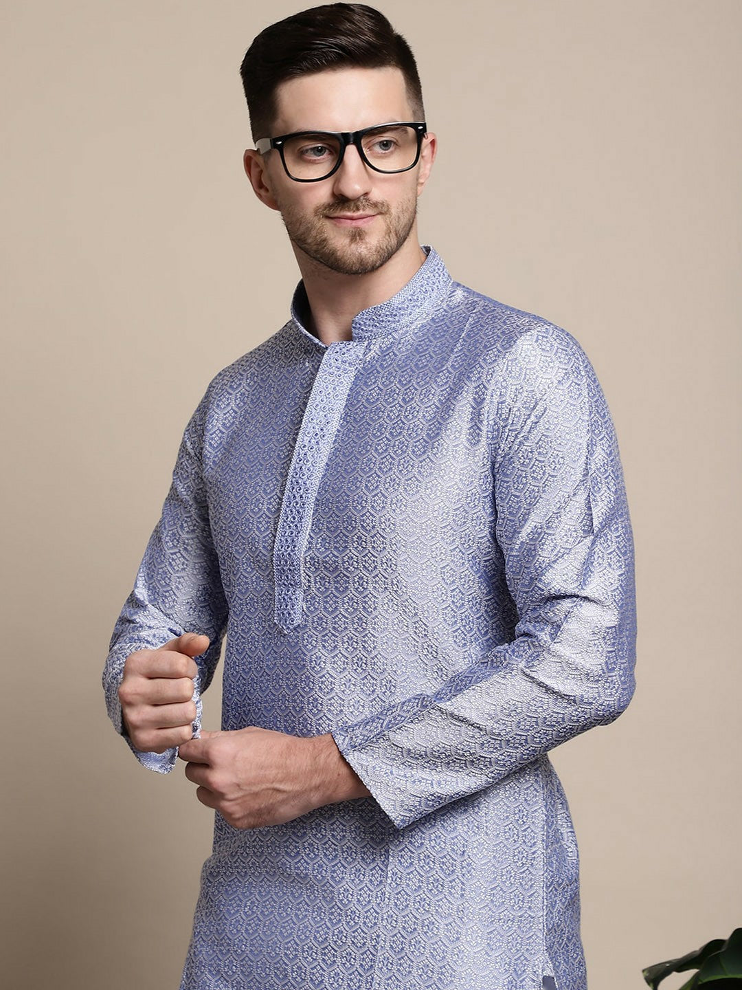 Blue Floral Woven Cotton Silk Kurta for Men with Thread Work