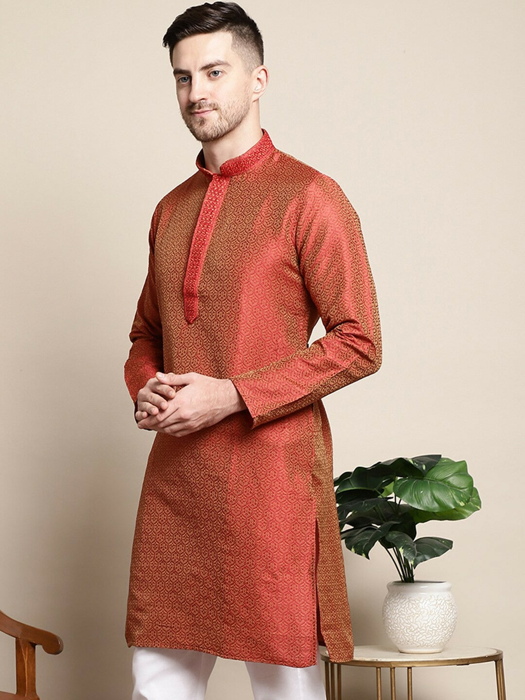 Red Floral Jacquard Cotton-Silk Kurta for Men with Short Sleeves