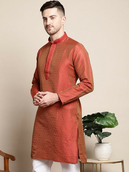 Red Floral Jacquard Cotton-Silk Kurta for Men with Short Sleeves