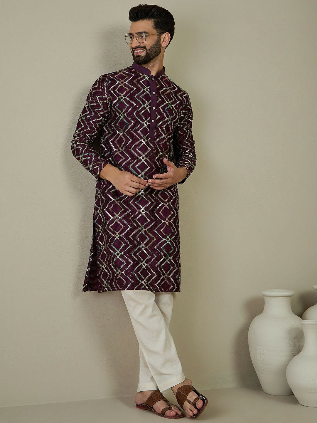 Men’s Magenta Ethnic Motif Embroidered Kurta with Thread Work