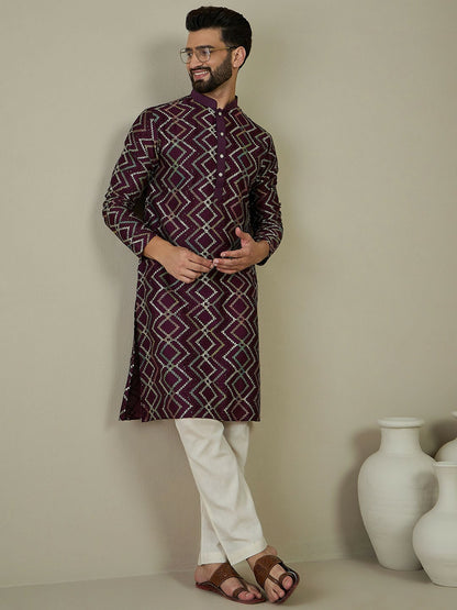 Men’s Magenta Ethnic Motif Embroidered Kurta with Thread Work